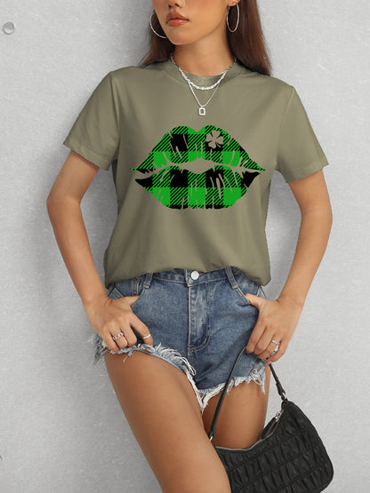 Plaid Lip Graphic Round Neck T-Shirt-Teresa&#39;s Fashionista LLC