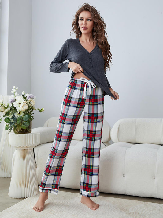 Buttoned Long Sleeve Top and Plaid Pants Lounge Set-Teresa&#39;s Fashionista LLC