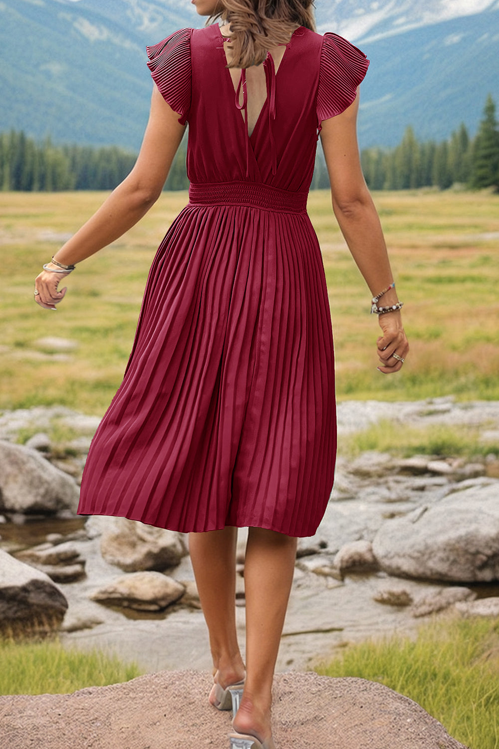 Tied Smocked Waist Flutter Sleeve Dress-Teresa&#39;s Fashionista LLC