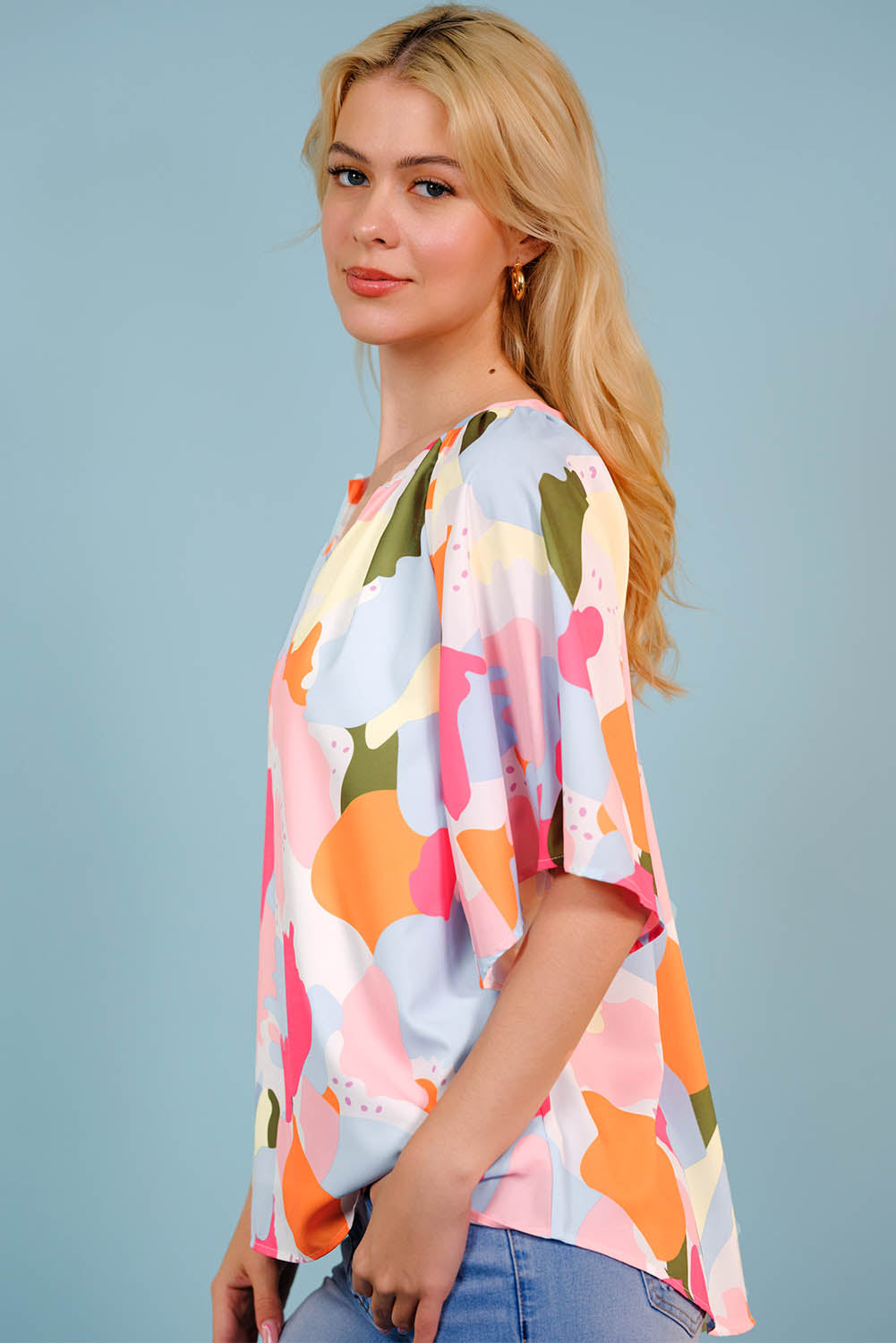 Printed Notched Neck Half Sleeve Blouse-Teresa&#39;s Fashionista LLC