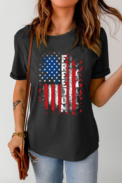 FREEDOM US Flag Graphic Round Neck Tee-Teresa&#39;s Fashionista LLC