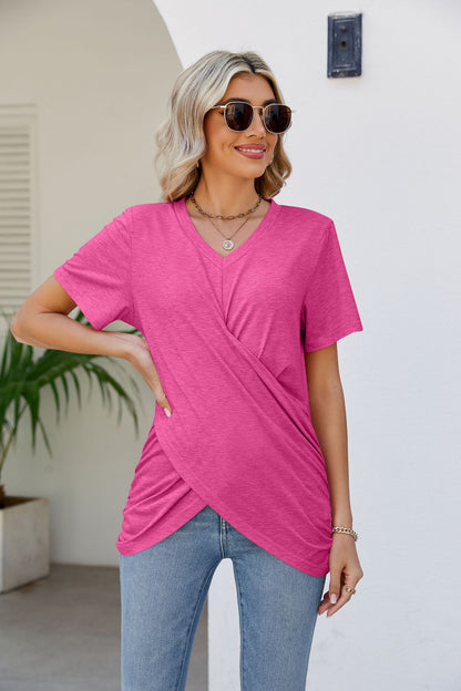 V-Neck Crisscross Short Sleeve Tee-Teresa&#39;s Fashionista LLC