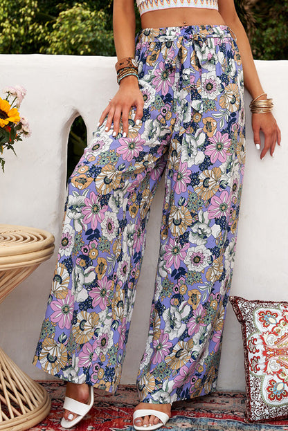 Floral Tie Belt Wide Leg Pants-Teresa&#39;s Fashionista LLC