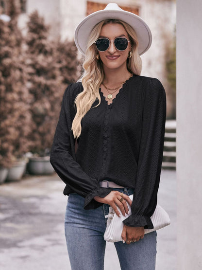 Eyelet V-Neck Flounce Sleeve Blouse-Teresa&#39;s Fashionista LLC