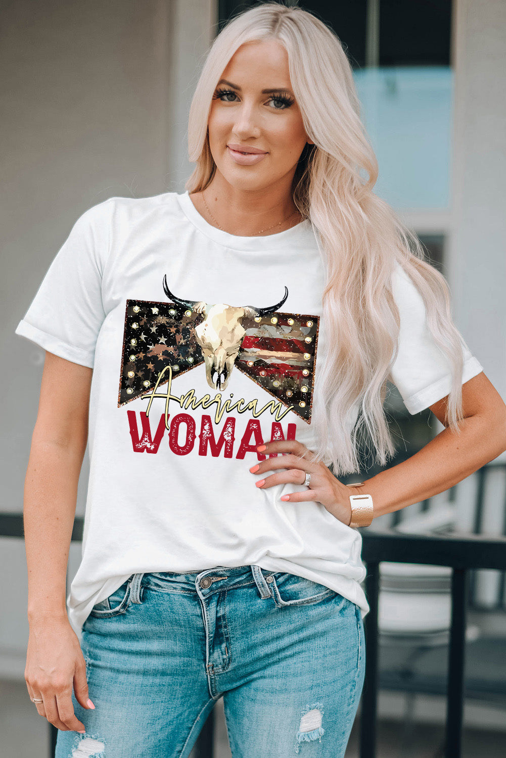 AMERICAN WOMAN Graphic Round Neck Tee-Teresa&#39;s Fashionista LLC