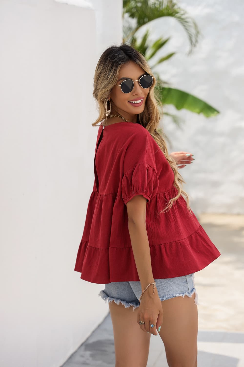 Round Neck Ruched Short Sleeve Blouse-Teresa&#39;s Fashionista LLC