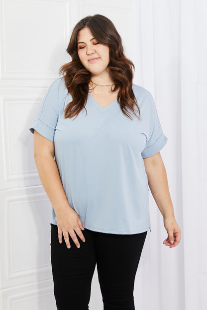 Zenana Simply Comfy Full Size V-Neck Loose Fit Shirt in Blue-Teresa&#39;s Fashionista LLC