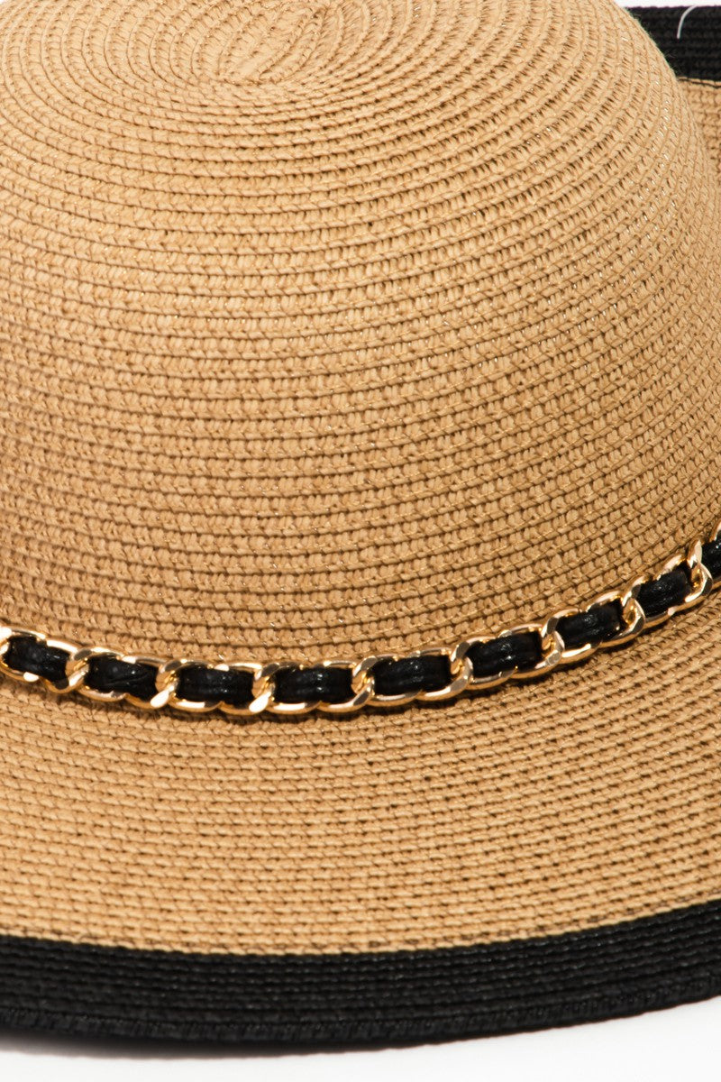 Fame Chain Black Trim Straw Hat-Teresa&#39;s Fashionista LLC