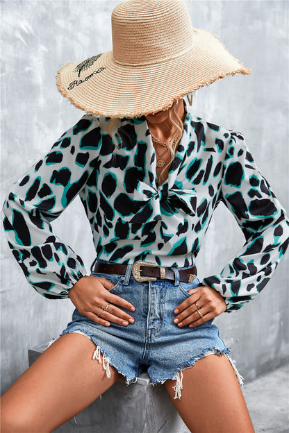 Printed Tie Neck Puff Sleeve Blouse-Teresa&#39;s Fashionista LLC