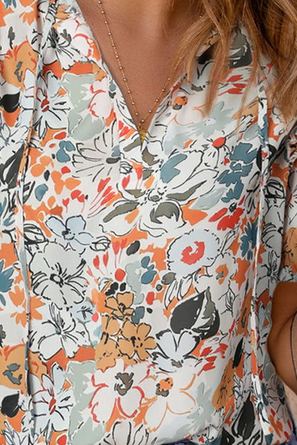 Floral Tie Neck Shoulder Detail Blouse-Teresa&#39;s Fashionista LLC