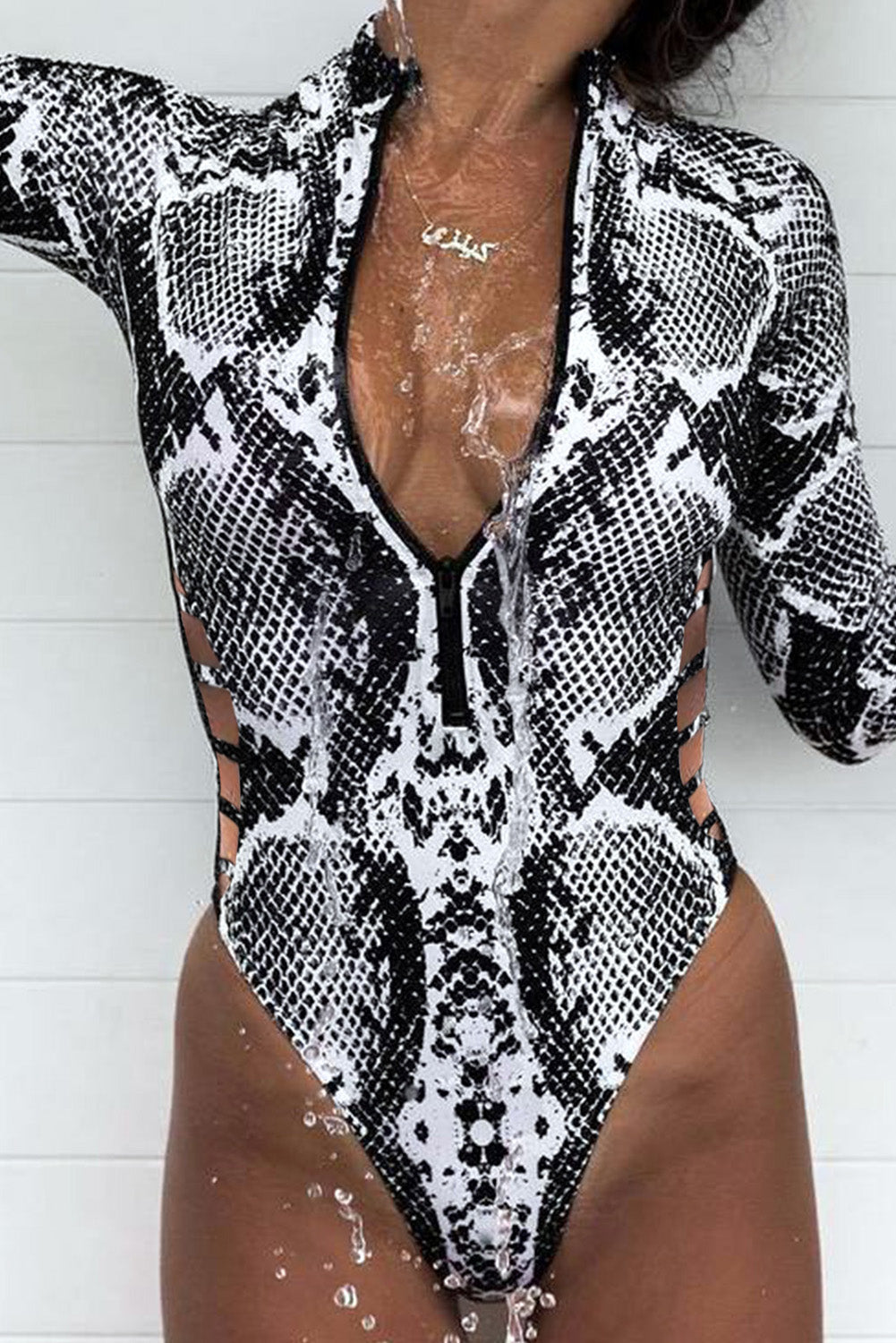 Animal Print Zipper Cut-Out Wetsuit-Teresa&#39;s Fashionista LLC