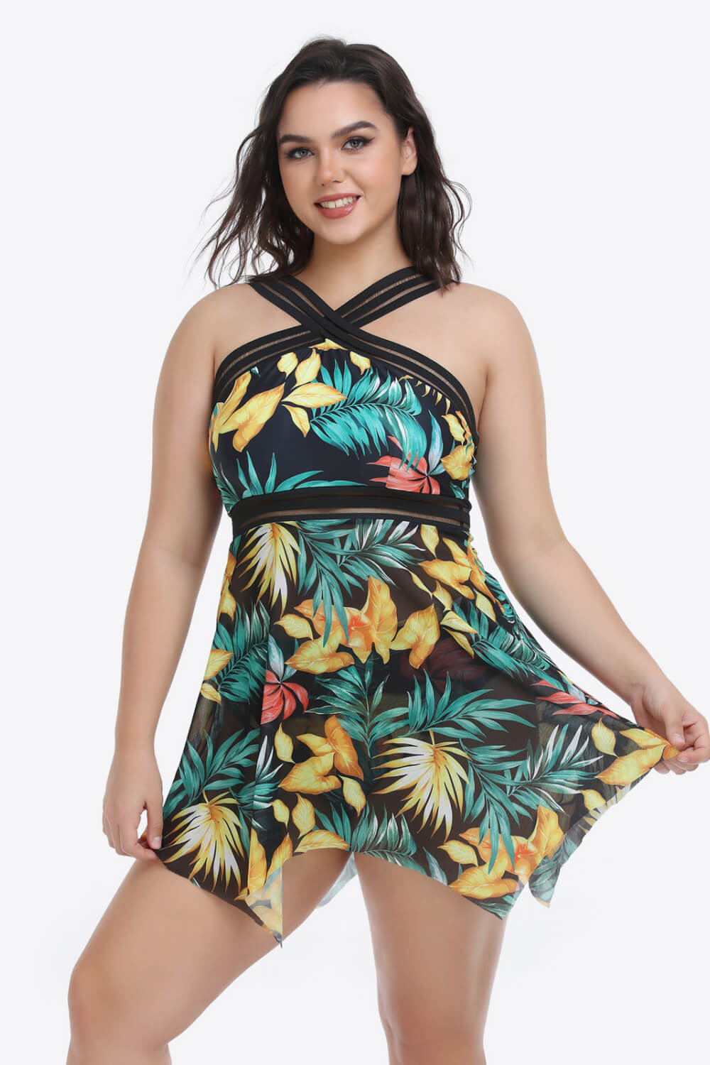 Plus Size Handkerchief-Hem Swim Dress and Bottoms Set-Teresa&#39;s Fashionista LLC