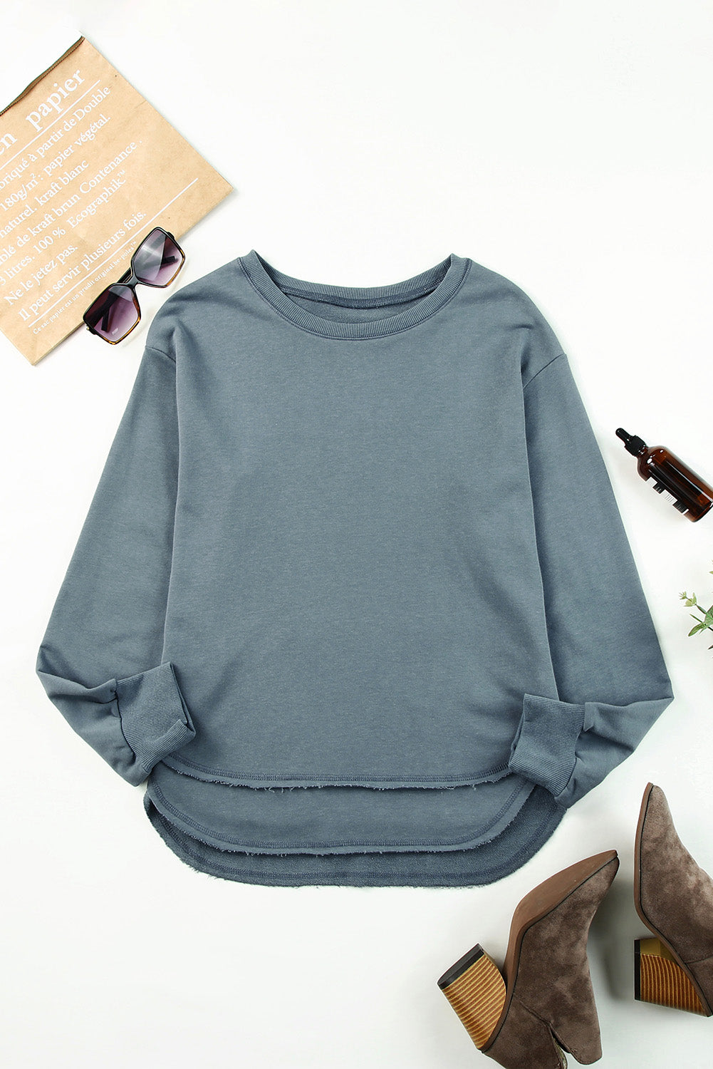 Side Slit Drop Shoulder Sweatshirt-Teresa&#39;s Fashionista LLC