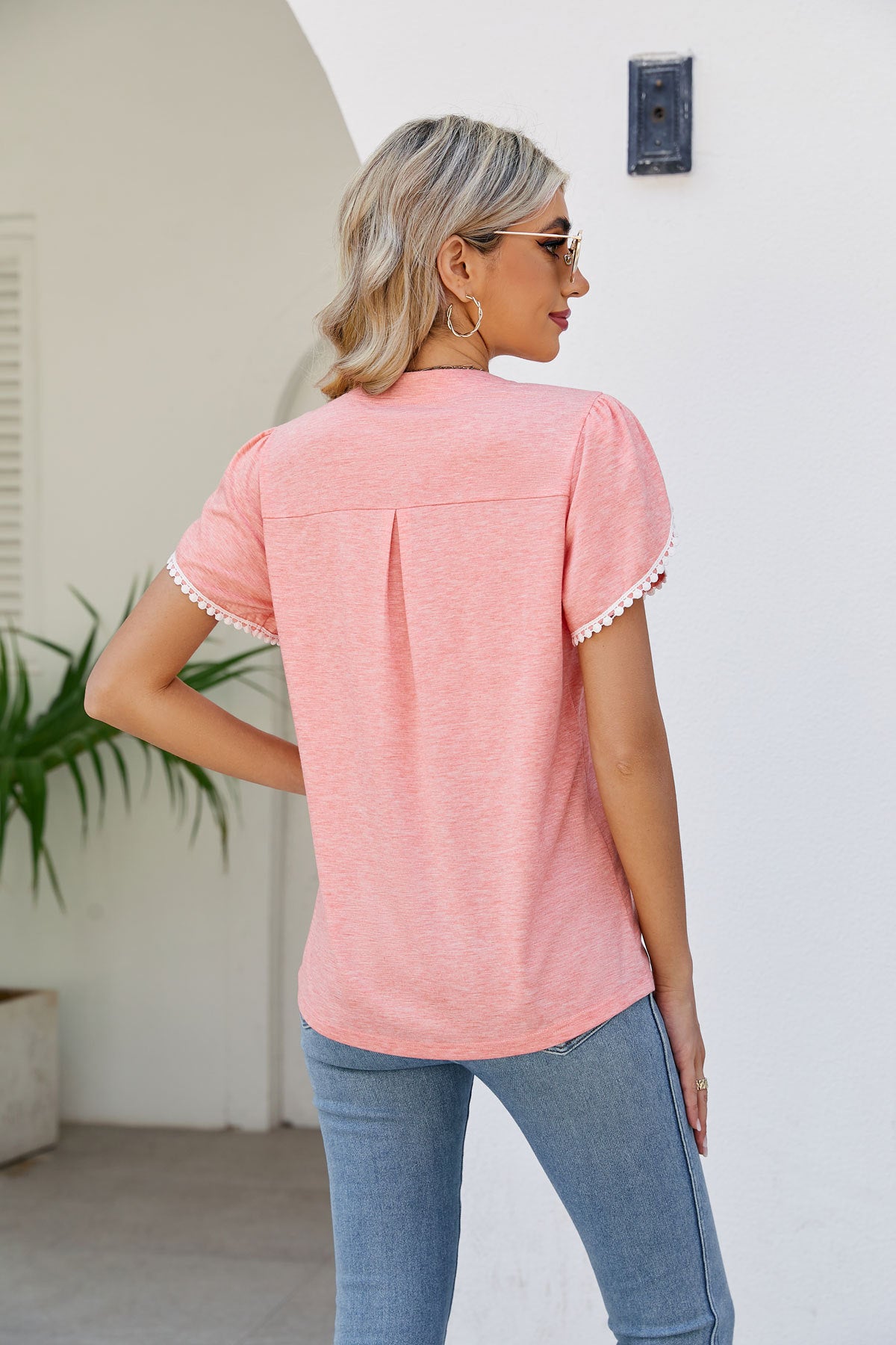 Pom-Pom Trim Petal Sleeve Notched Neck Top-Teresa&#39;s Fashionista LLC