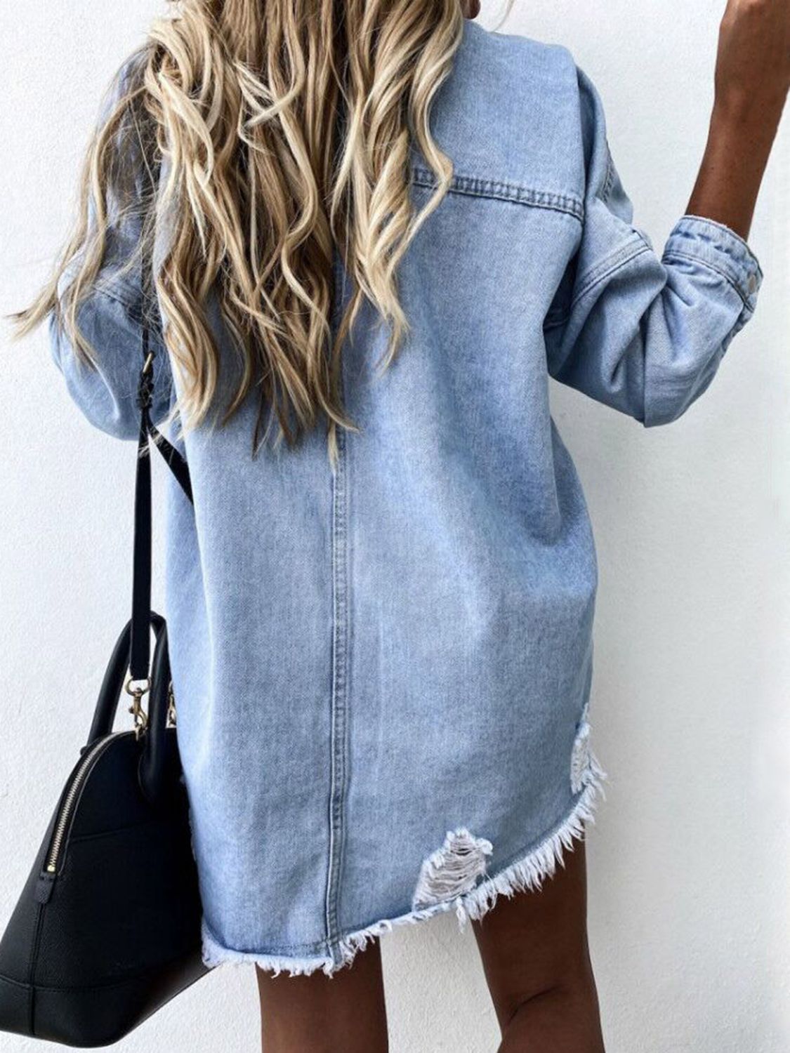 Raw Hem Collared Neck Long Sleeve Denim Jacket-Teresa&#39;s Fashionista LLC