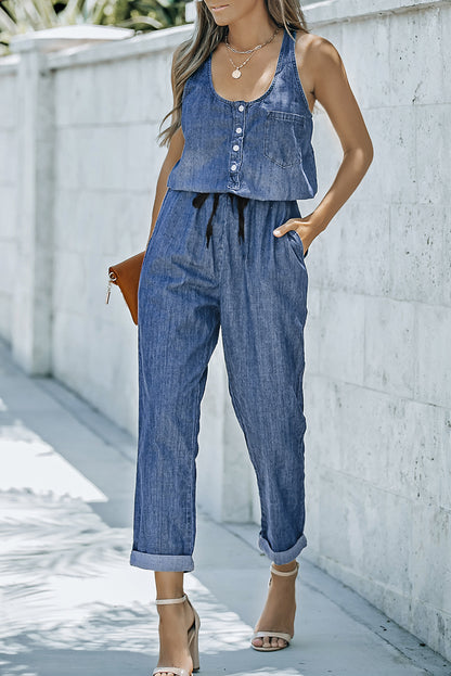 Buttoned Scoop Neck Denim Jumpsuit-Teresa&#39;s Fashionista LLC