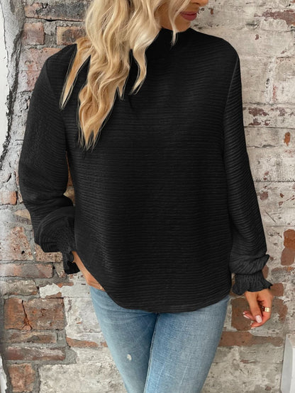 Smocked Mock Neck Flounce Sleeve Top-Teresa&#39;s Fashionista LLC