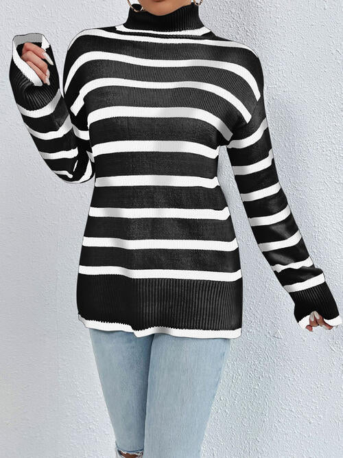 Striped Turtleneck Long Sleeve Sweater-Teresa&#39;s Fashionista LLC