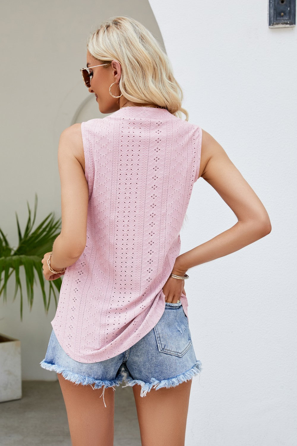 Notched Neck Curved Hem Eyelet Tank-Teresa&#39;s Fashionista LLC