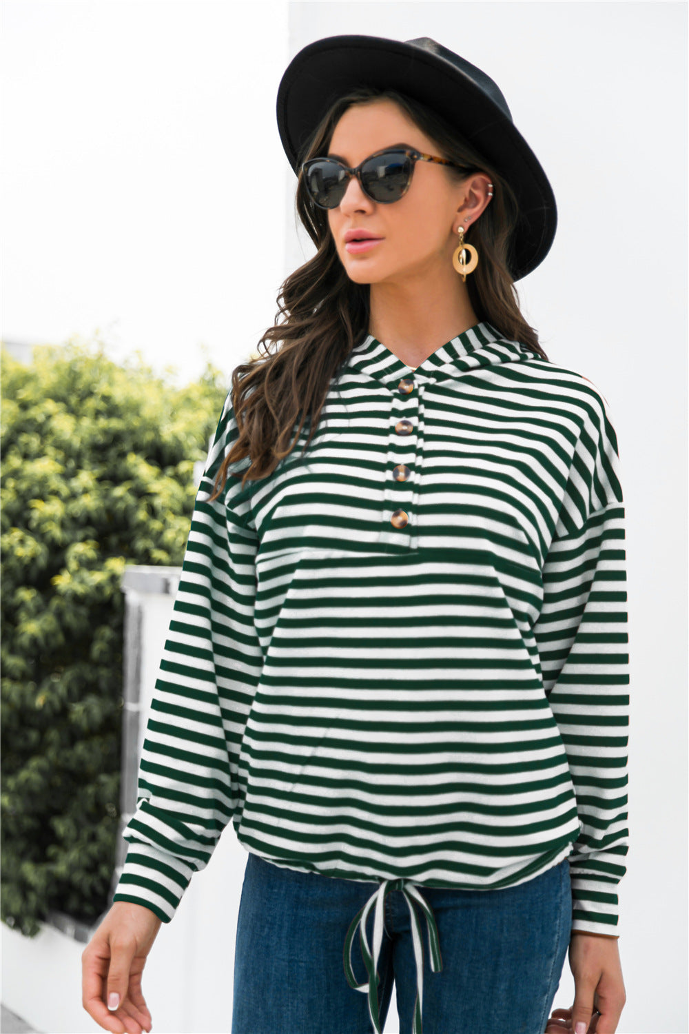 Striped Half-Button Dropped Shoulder Hoodie-Teresa&#39;s Fashionista LLC