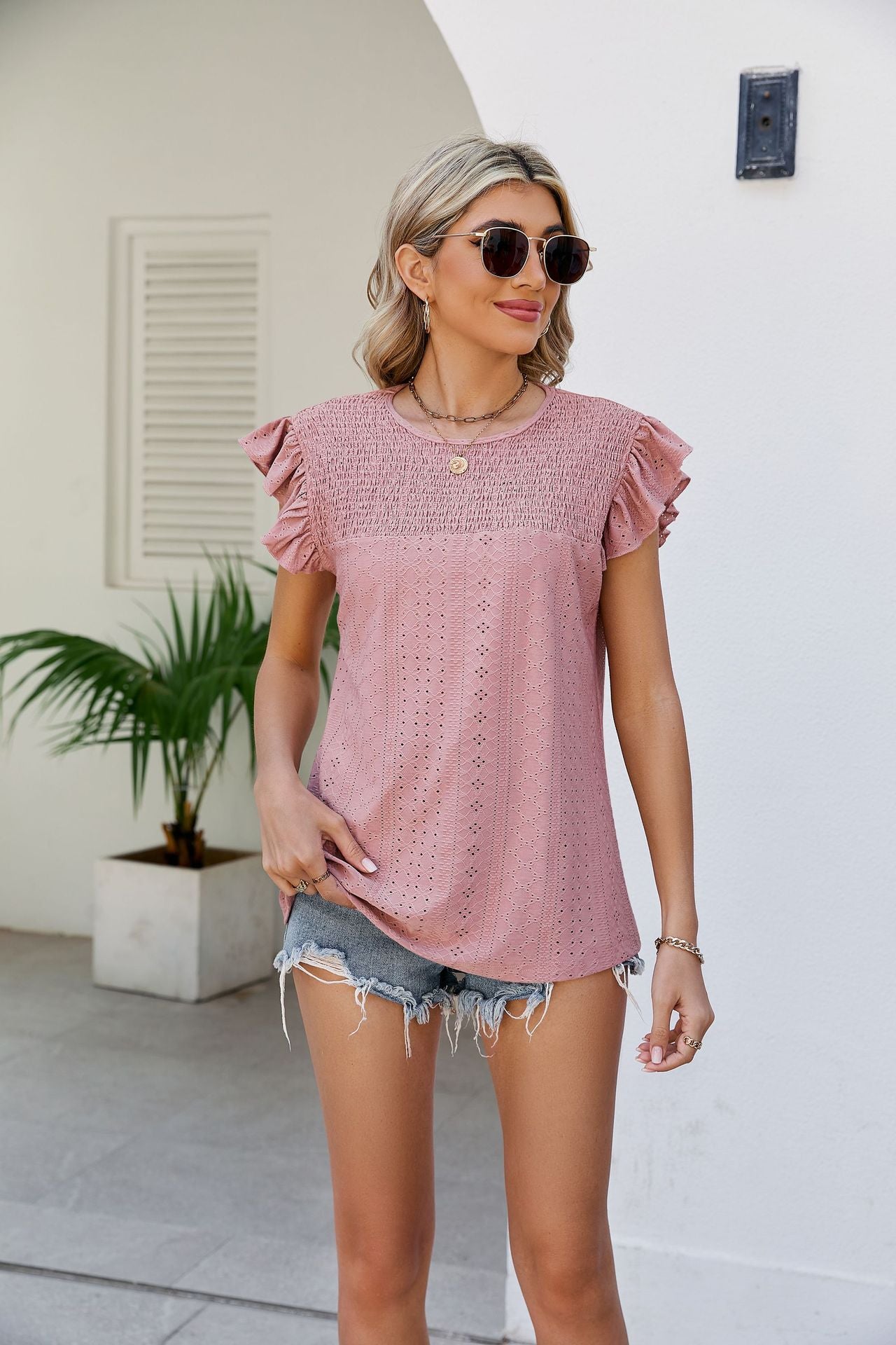 Smocked Round Neck Flutter Sleeve Top-Teresa&#39;s Fashionista LLC