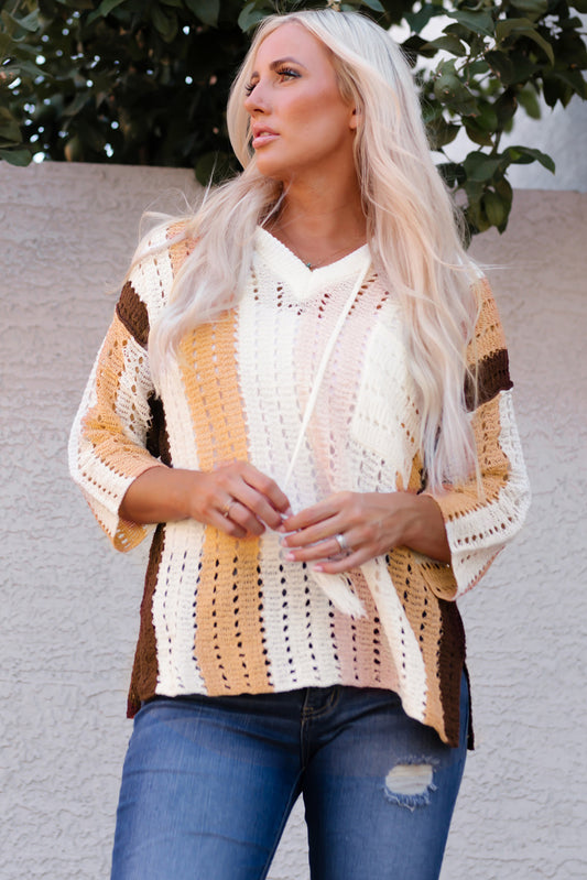 Color Block Openwork Hooded Sweater-Teresa&#39;s Fashionista LLC