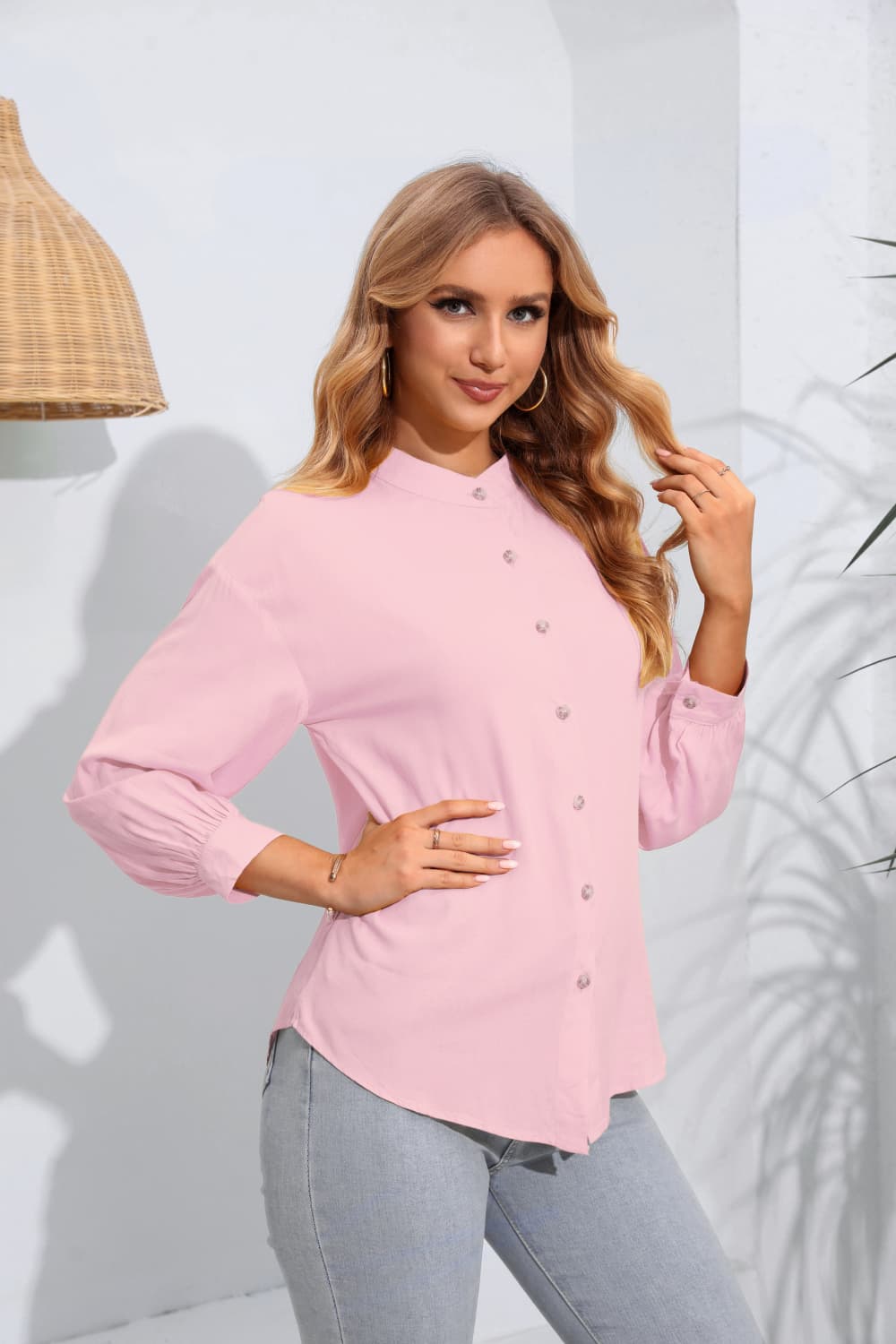 Mock Neck Buttoned Long Sleeve Shirt-Teresa&#39;s Fashionista LLC