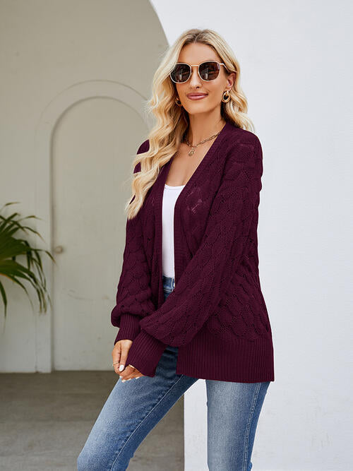 Openwork Open Front Lantern Sleeve Cardigan-Teresa&#39;s Fashionista LLC