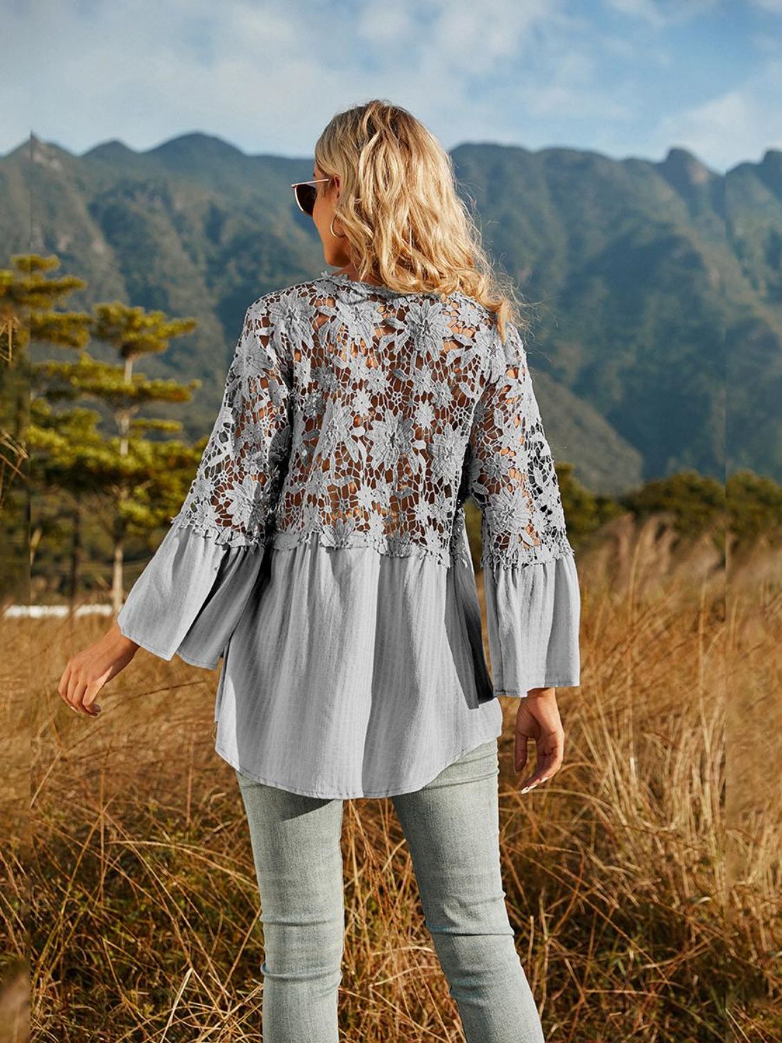 Spliced Lace Buttoned Blouse-Teresa&#39;s Fashionista LLC