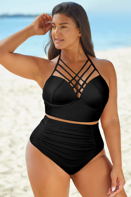 Halter Neck Crisscross Ruched Two-Piece Swimsuit-Teresa&#39;s Fashionista LLC