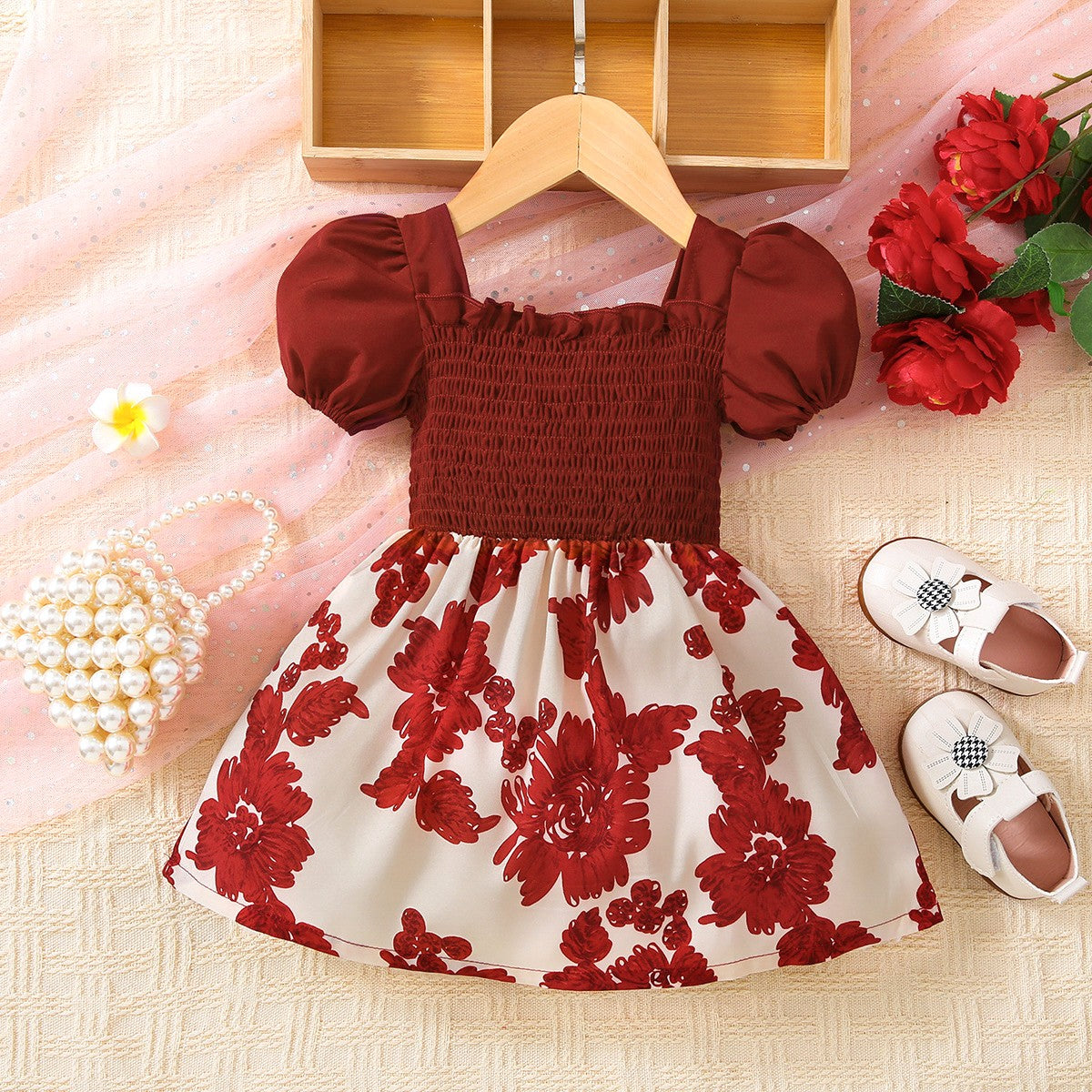 Baby Girl Floral Frill Trim Square Neck Smocked Dress-Teresa&#39;s Fashionista LLC