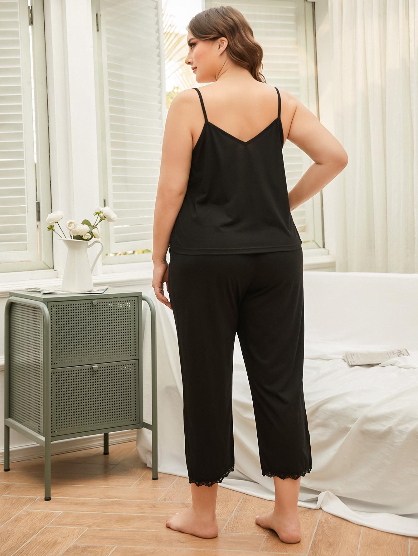 Plus Size Lace Trim Slit Cami and Pants Pajama Set-Teresa&#39;s Fashionista LLC