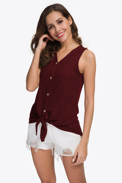 Buttoned V-Neck Ribbed Tank-Teresa&#39;s Fashionista LLC