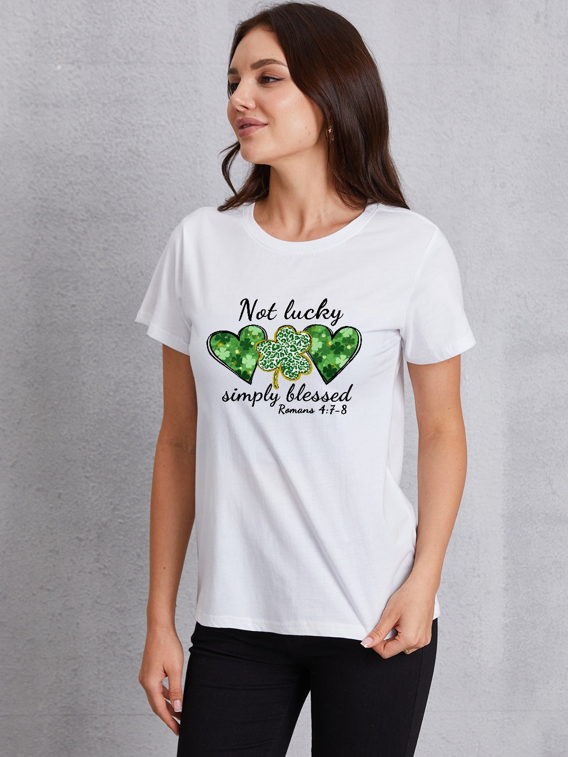 NOT LUCKY SIMPLY BLESSED Heart Round Neck T-Shirt-Teresa&#39;s Fashionista LLC