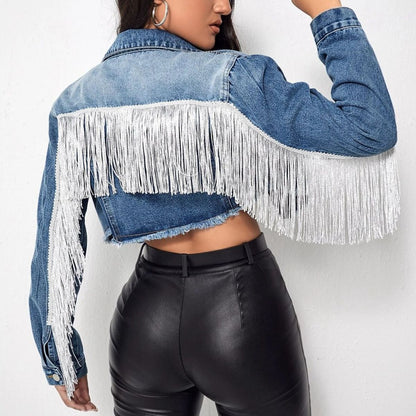 Fringe Detail Long Sleeve Cropped Denim Jacket-Teresa&#39;s Fashionista LLC