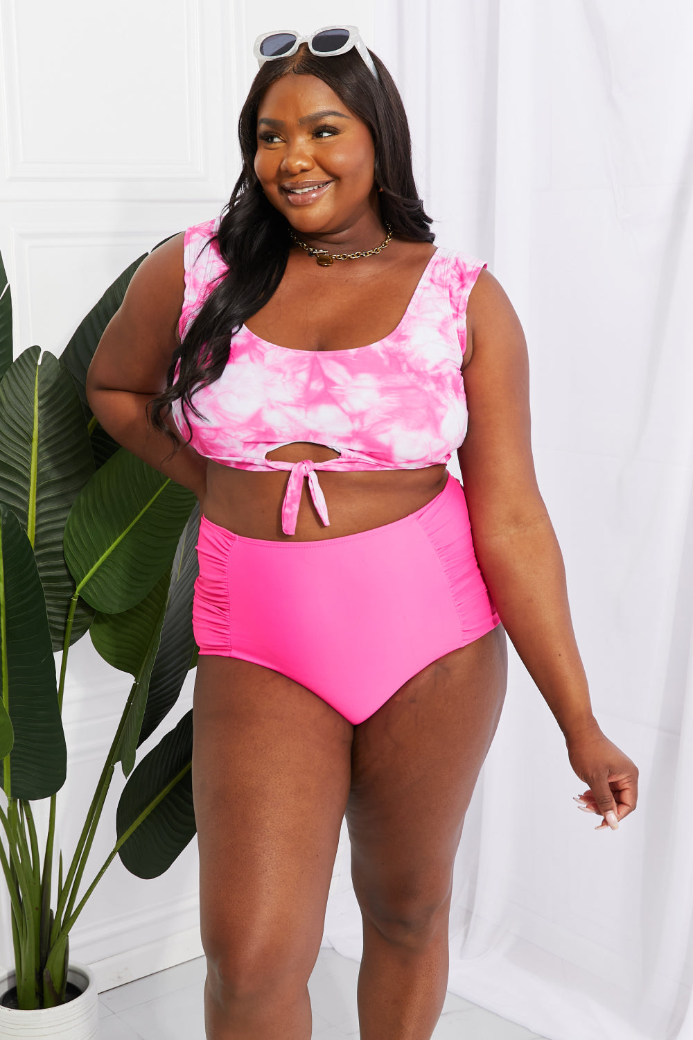 Marina West Swim Sanibel Crop Swim Top and Ruched Bottoms Set in Pink-Teresa&#39;s Fashionista LLC