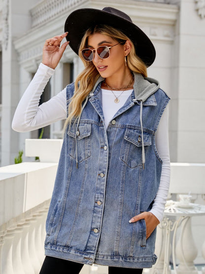 Drawstring Hooded Sleeveless Denim Top with Pockets-Teresa&#39;s Fashionista LLC