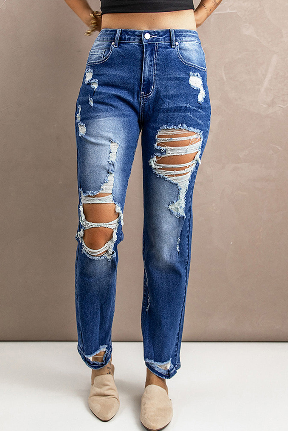 Distressed High-Rise Jeans with Pockets-Teresa&#39;s Fashionista LLC