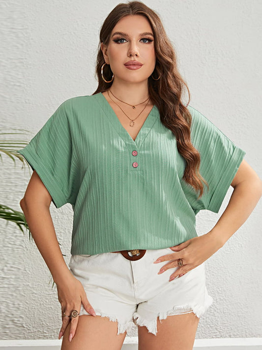 Plus Size Buttoned V-Neck Short Sleeve Top-Teresa&#39;s Fashionista LLC