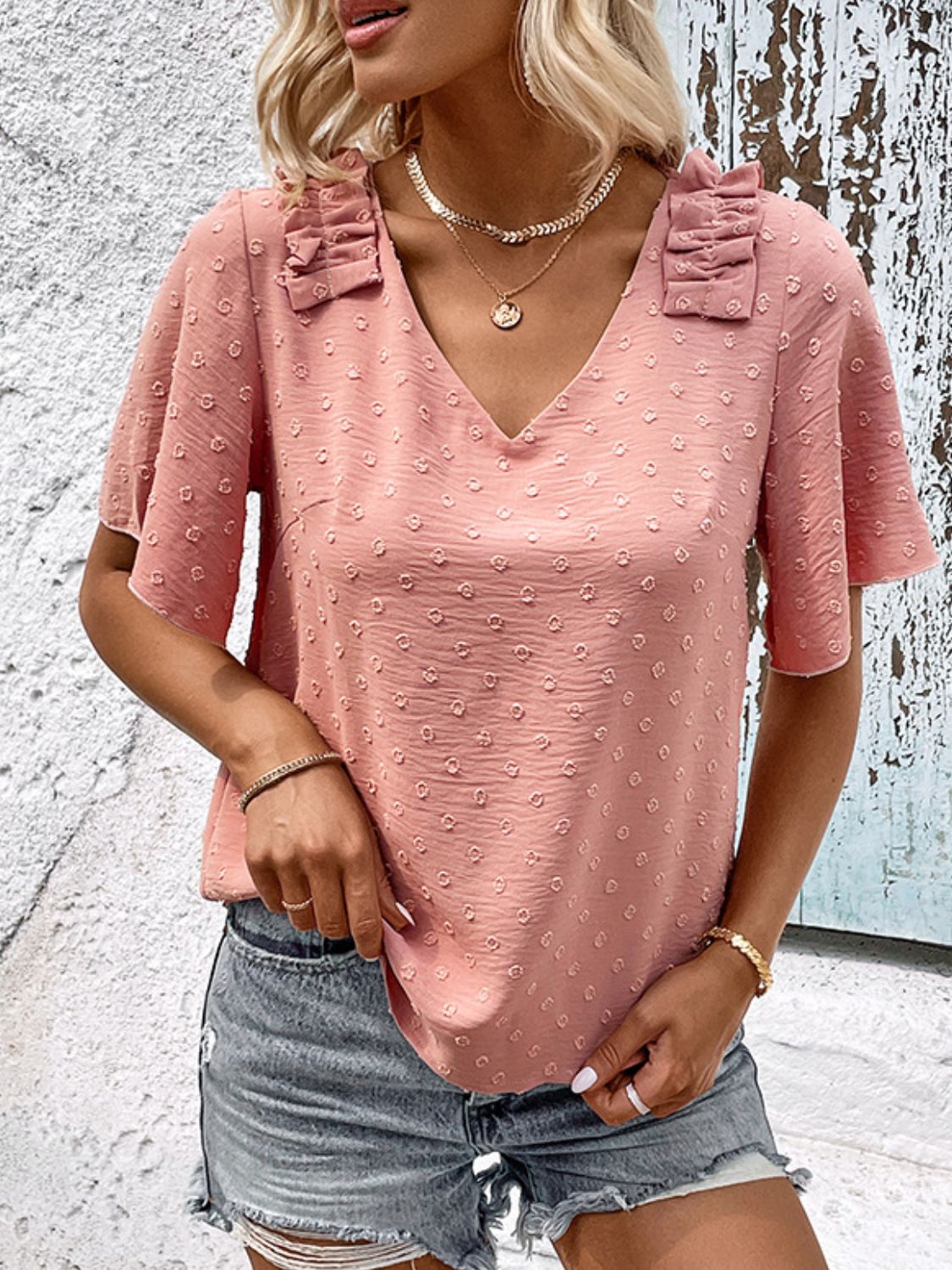 Swiss Dot Shoulder Detail V-Neck Blouse-Teresa&#39;s Fashionista LLC