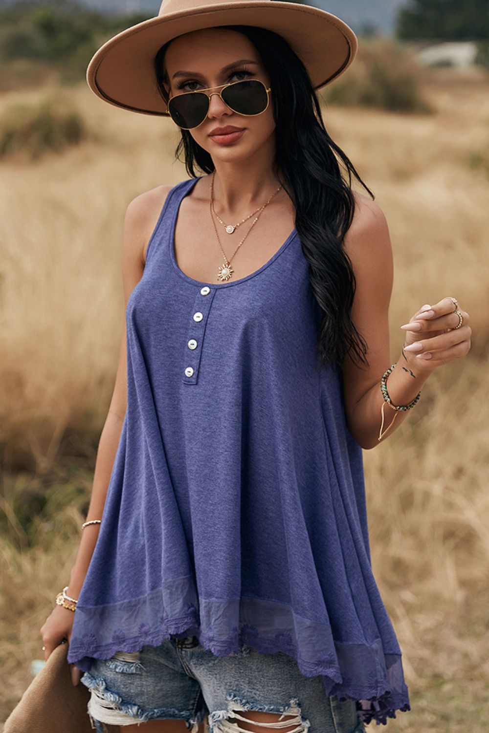 Lace Trim Button Detail Tank Top-Teresa&#39;s Fashionista LLC