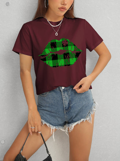 Plaid Lip Graphic Round Neck T-Shirt-Teresa&#39;s Fashionista LLC