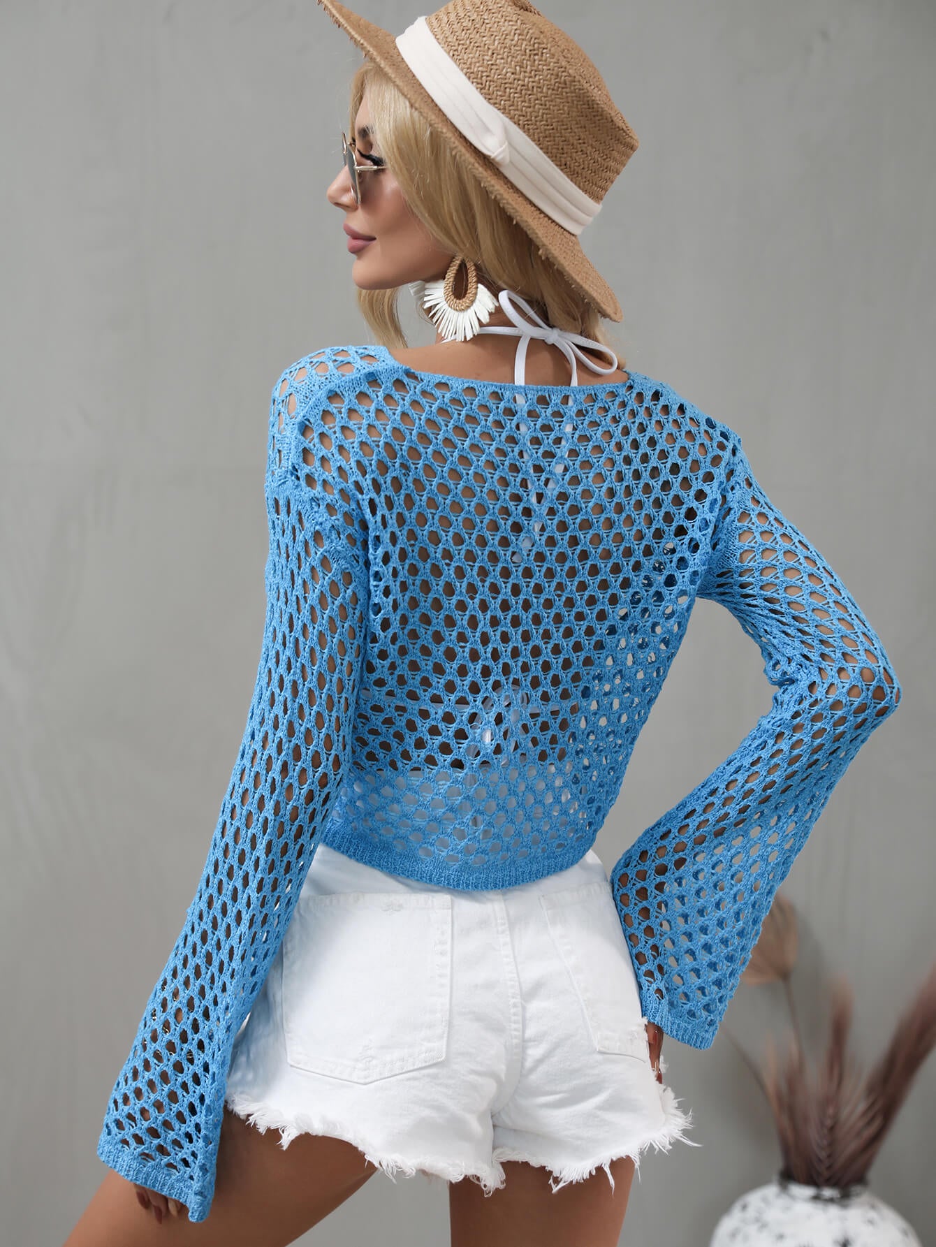 Openwork Flare Sleeve Cropped Cover Up-Teresa&#39;s Fashionista LLC