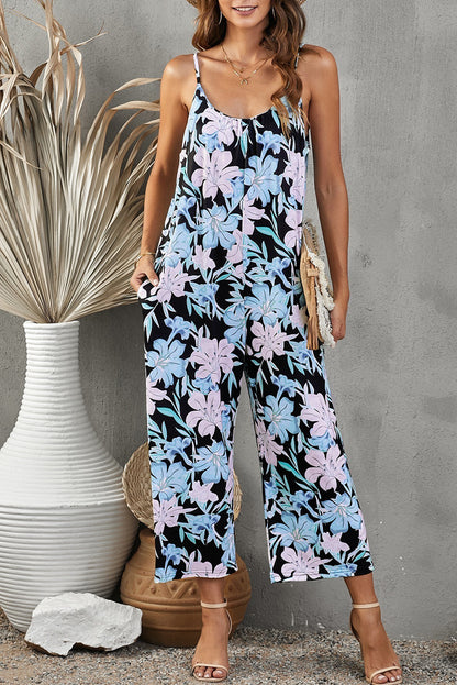 Botanical Print Spaghetti Strap Cropped Jumpsuit-Teresa&#39;s Fashionista LLC