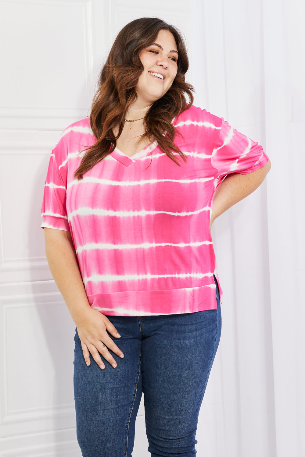 Yelete Full Size Oversized Fit V-Neck Striped Top-Teresa&#39;s Fashionista LLC