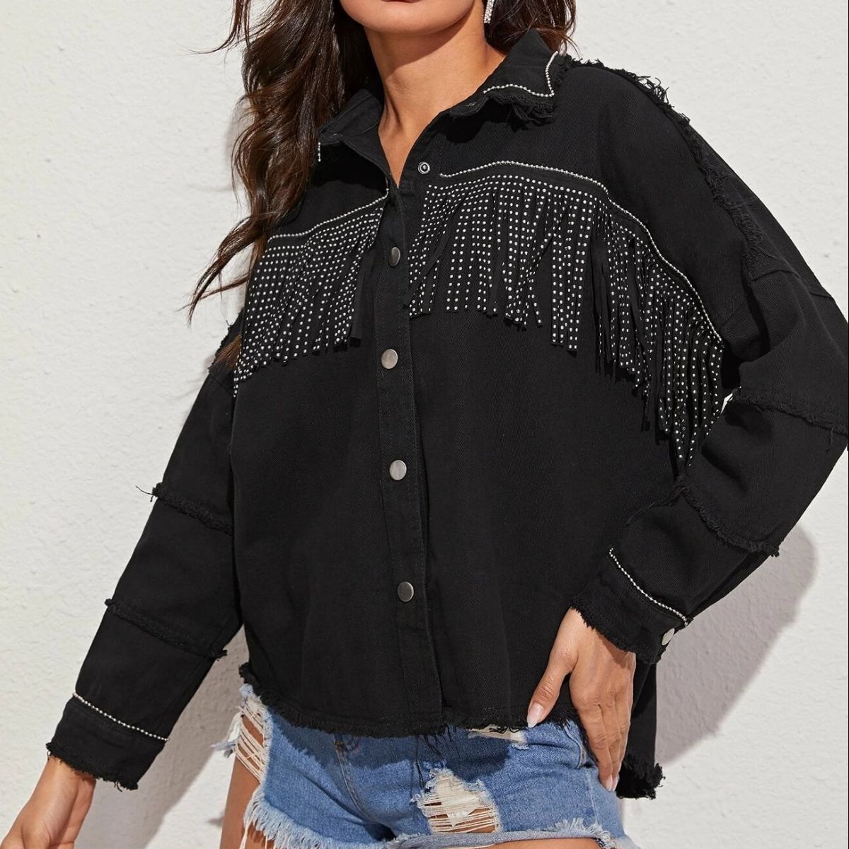 Fringe Detail Button-Down Collared Neck Denim Jacket-Teresa&#39;s Fashionista LLC