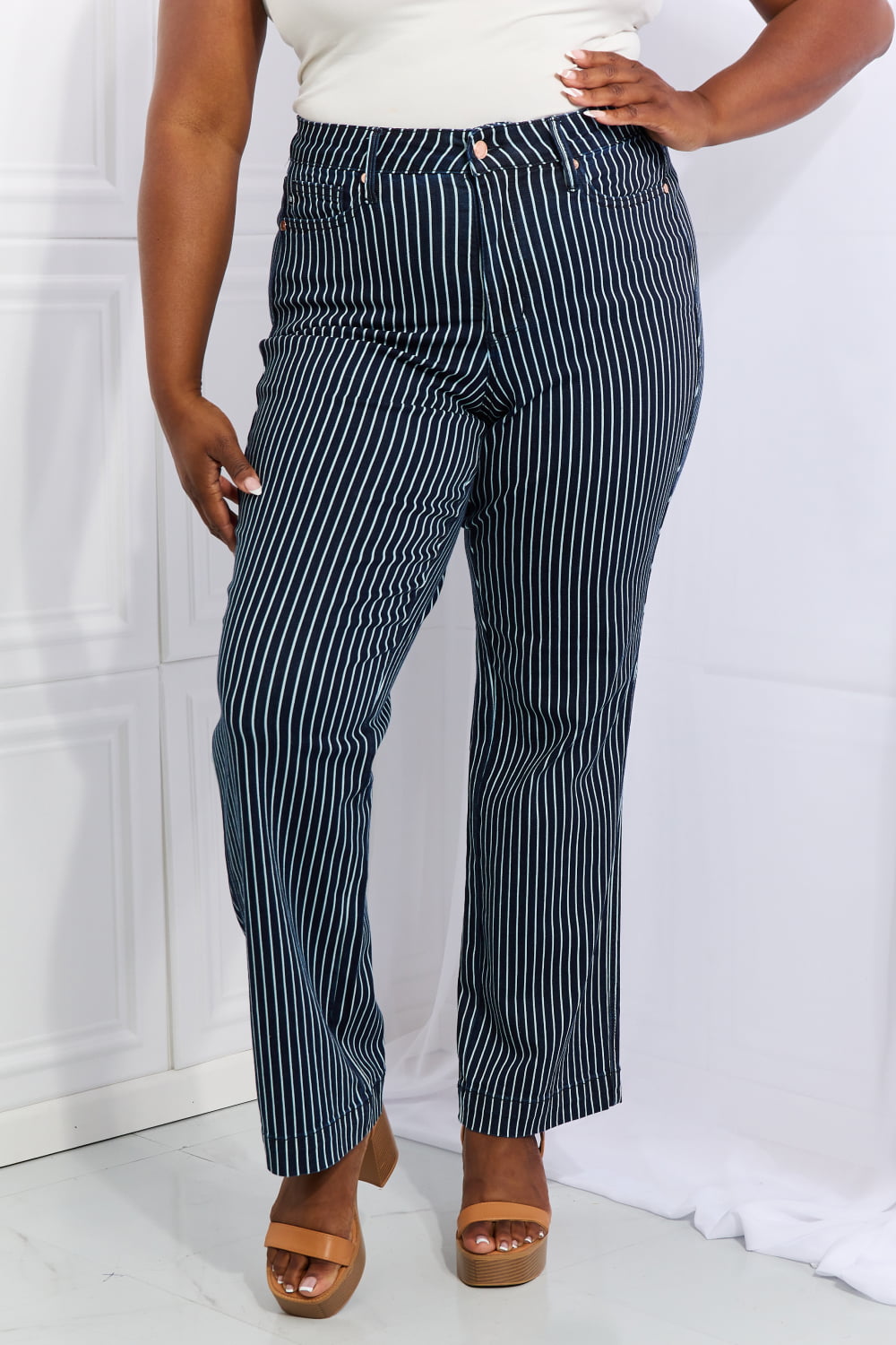 Judy Blue Cassidy Full Size High Waisted Tummy Control Striped Straight Jeans-Teresa&#39;s Fashionista LLC