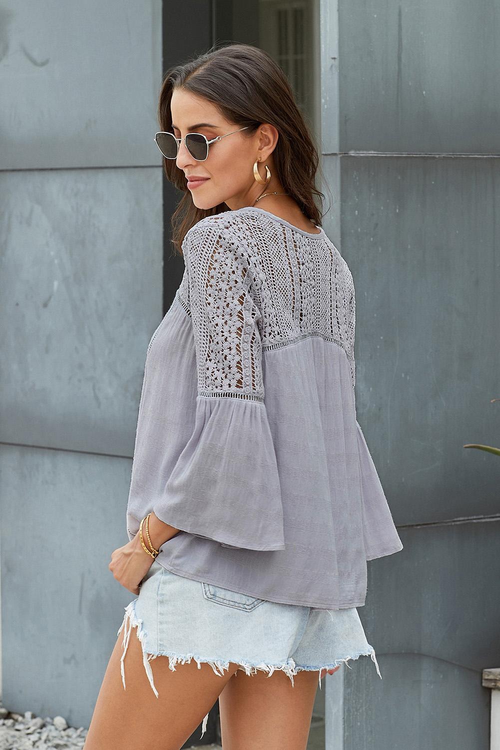 Flare Sleeve Spliced Lace V-Neck Shirt-Teresa&#39;s Fashionista LLC