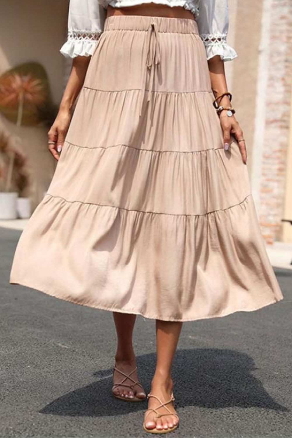 Elastic Waist Tiered Midi Skirt-Teresa&#39;s Fashionista LLC