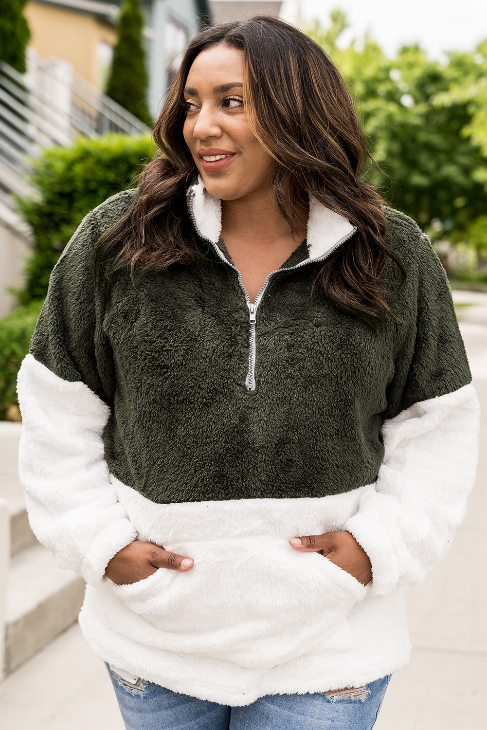 Plus Size Half Zipper Fleece Sweatshirt with Pocket-Teresa&#39;s Fashionista LLC